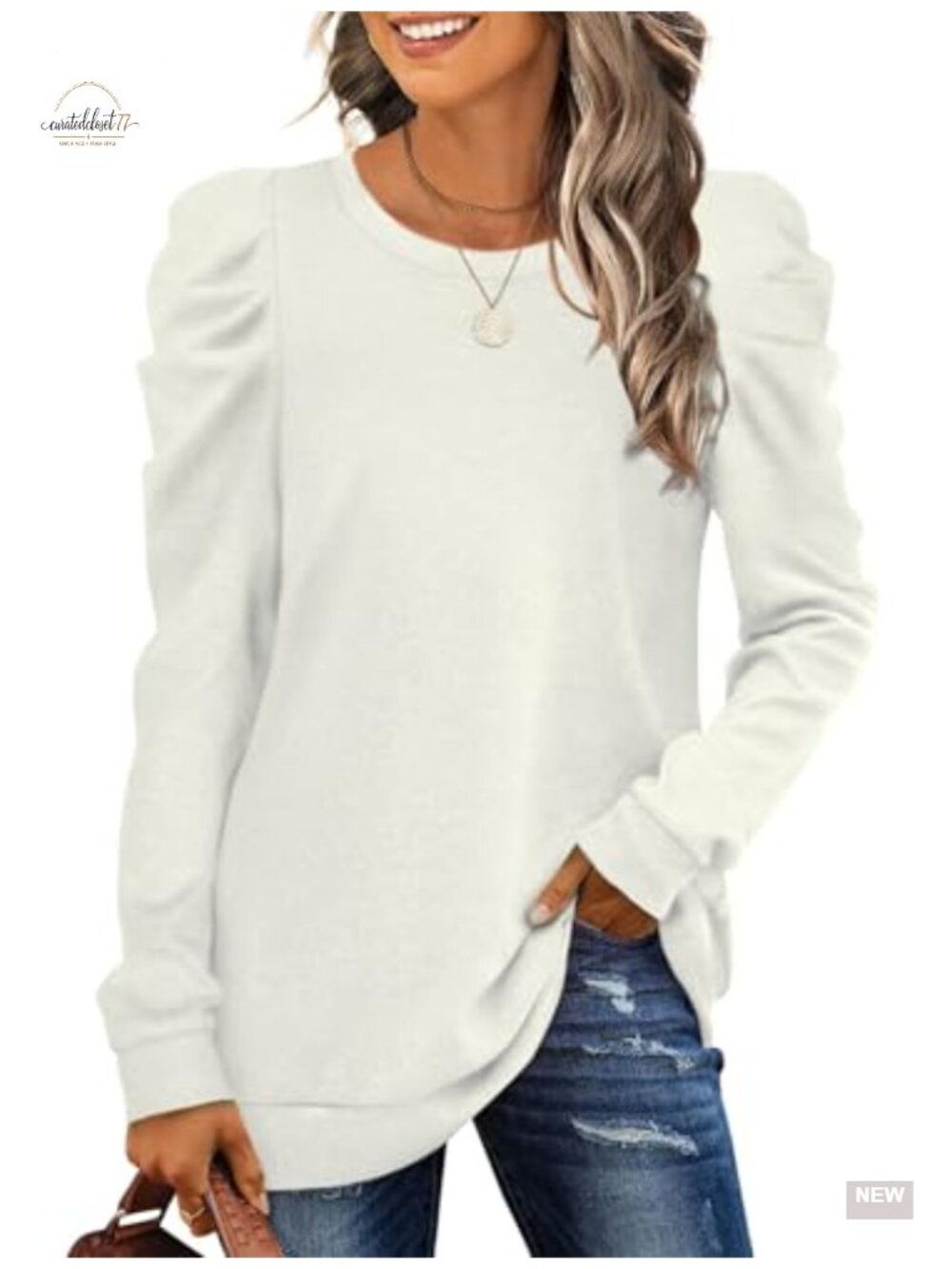 Puff Sleeve Pullover Sweatshirt Women Loose Fit Crew Neck Long Sleeve Top